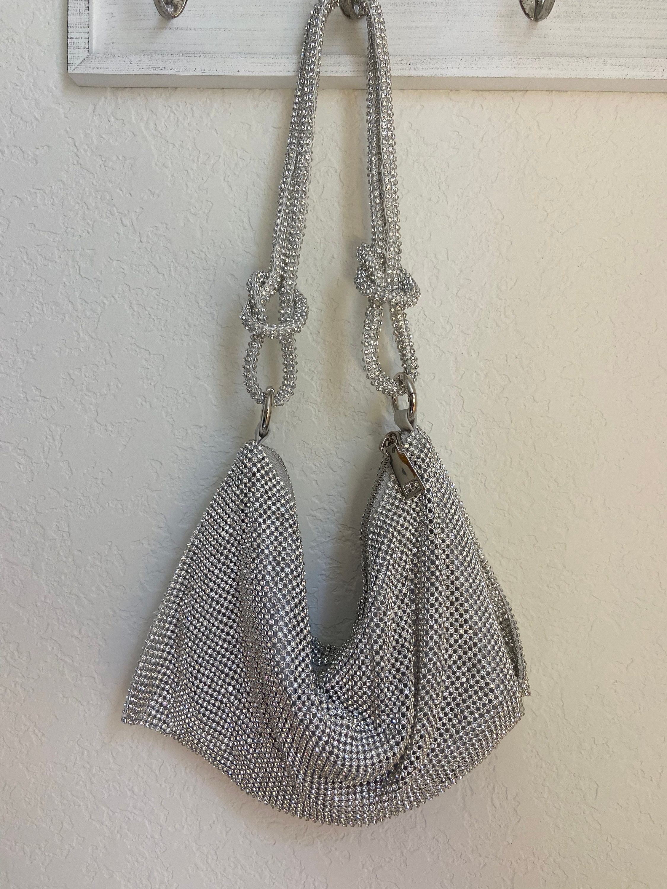 Silver Beaded Rhinestone Evening Bag,crystal Bling Bling Slouch Handbag