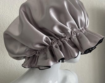 Classic Silver & Black Reversible Large Satin Bonnet with Ruffle Trim: Minimalist Satin Night Cap