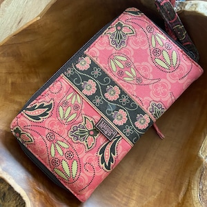 Cartera vintage con estampado floral batik de color naranja y marrón de Maggi B, cartera multibolsillos 100 % algodón y chocolate, regalo exclusivo para mujeres, carteras retro