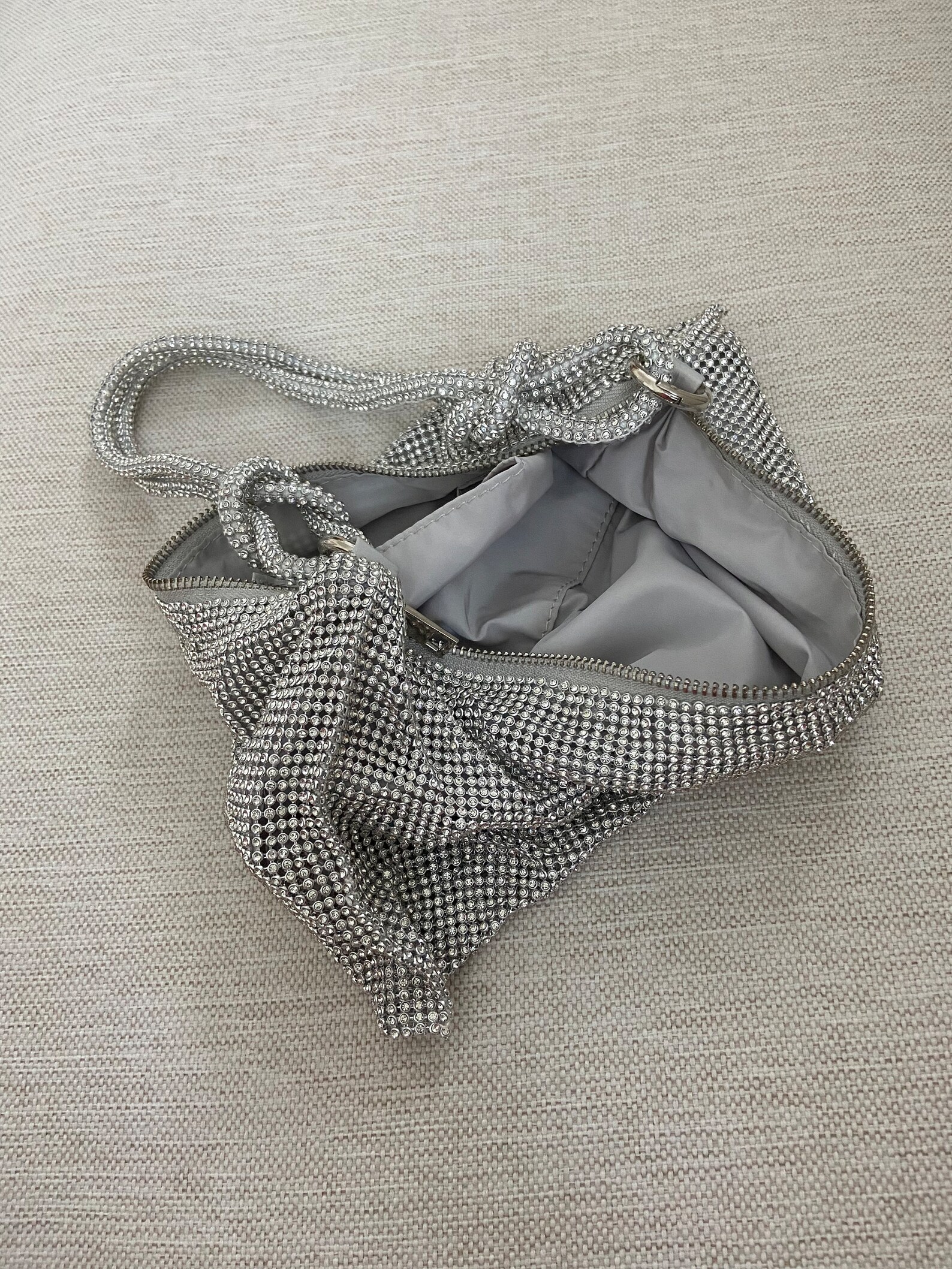 Silver Beaded Rhinestone Evening Bag,crystal Bling Bling Slouch Handbag