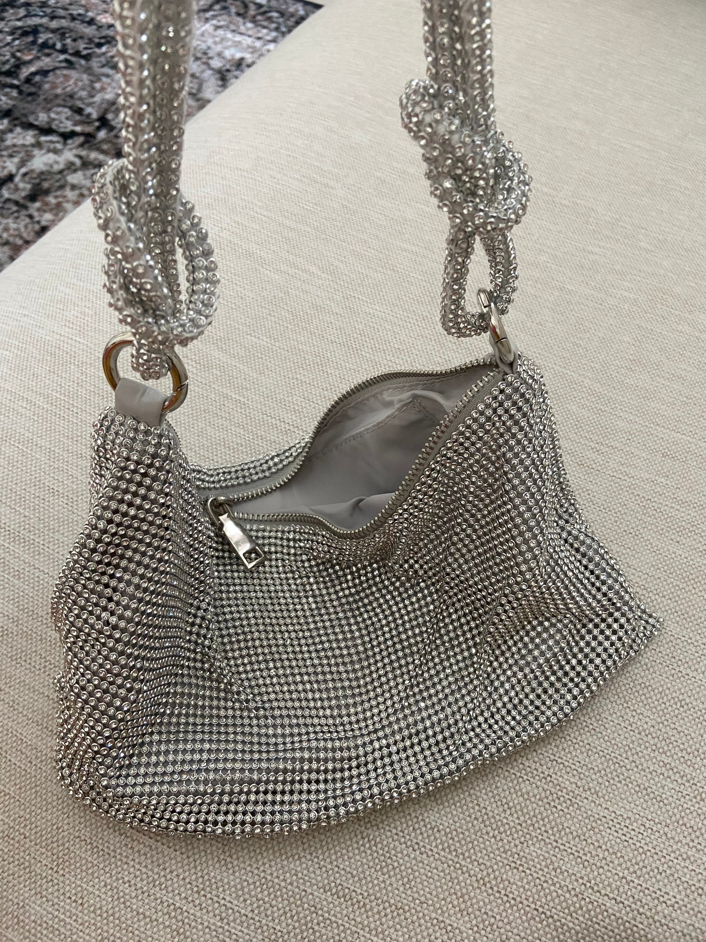 Silver Beaded Rhinestone Evening Bag,crystal Bling Bling Slouch Handbag