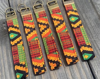 Vibrant Geometric Kente Print Wristlet Keychain | Handcrafted Abstract Orange Key Fob Lanyard | Antique Brass Keychain Wristlet Gifts