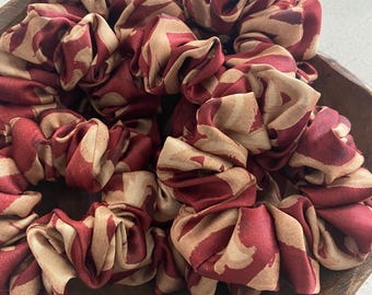Maroon-Gold Handmade Scrunchie Gifts for Mom, Thick Hair Scrunchies, Upcycled Scrunchies, Bridesmaid Favors