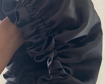 Classic Charcoal Black Satin Hair Bonnet with Minimalist Ruffles | Double Layer Black Sleep Cap