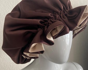 Chic Coffee-Colored Satin Hair Bonnet: Reversible Chocolate Brown + Champagne Gold Satin Sleeping Cap, Large Double Layer Satin Bonnet Gifts