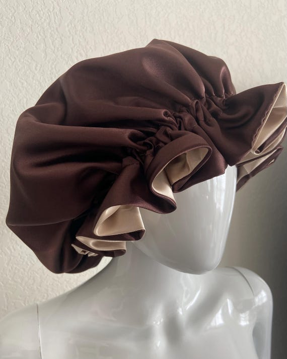 Chic Coffee-colored Satin Hair Bonnet: Reversible Chocolate  display picture 1