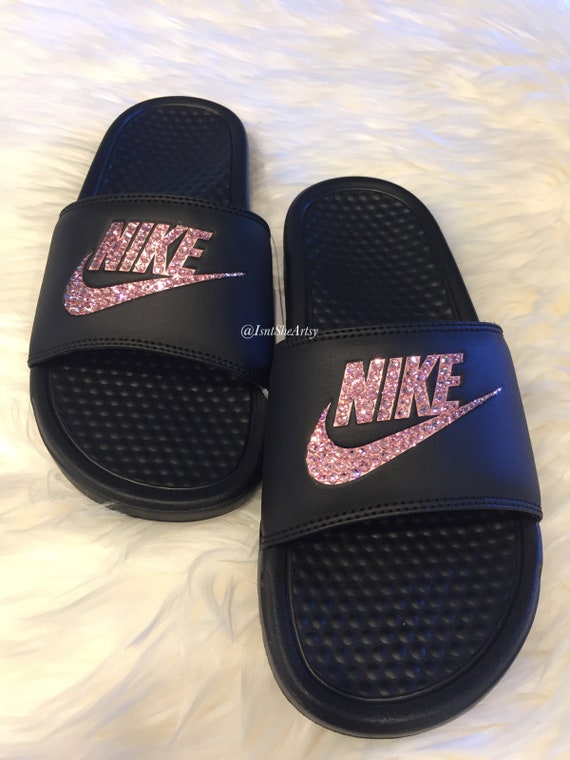 black and rose gold nike sliders