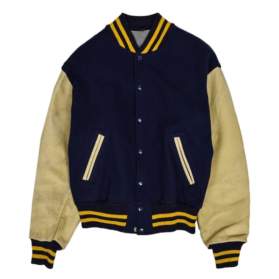 Vintage Union Made Blue Wool Leather Varsity Jacke
