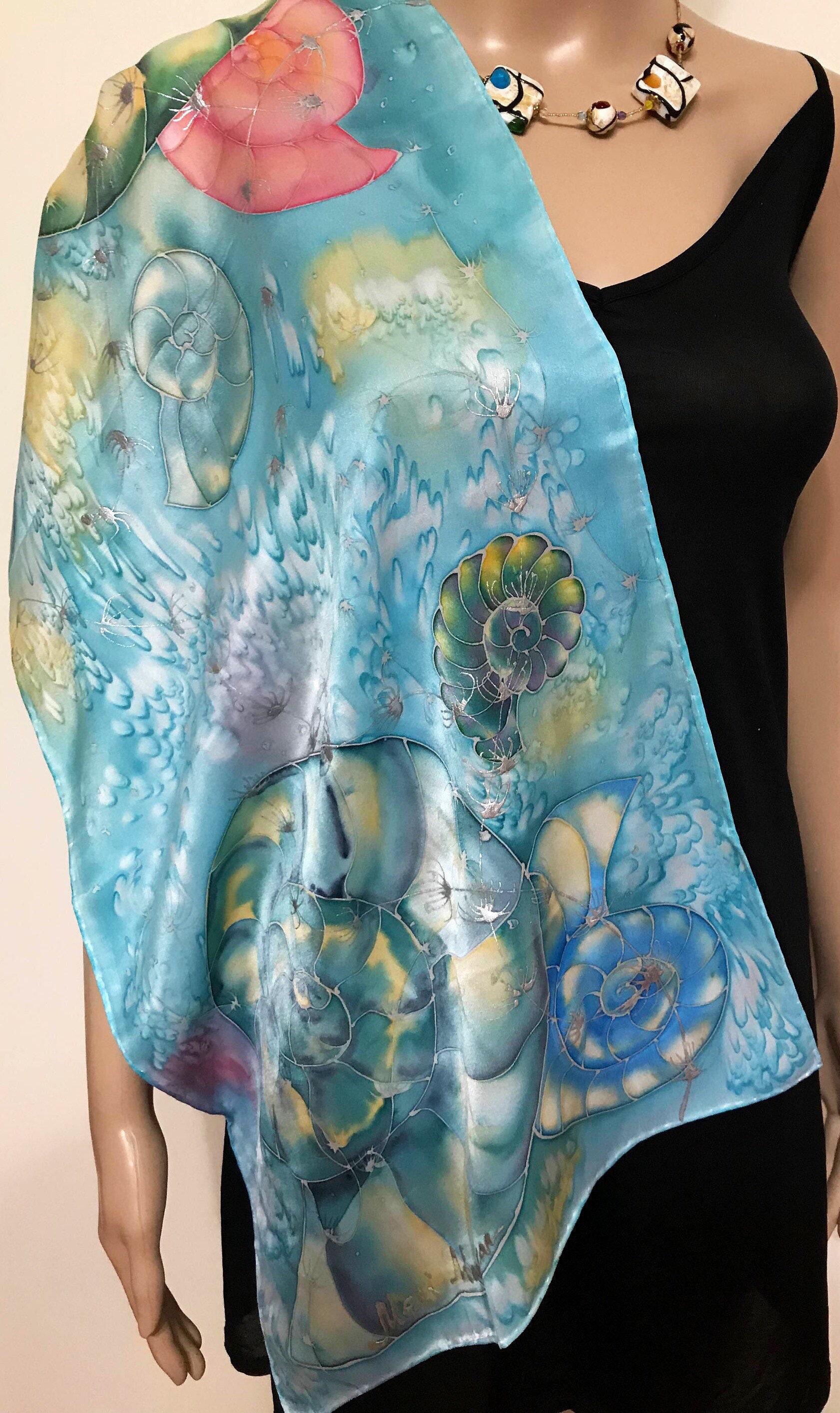 Sea shells on blue long silk scarf Etsy