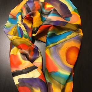 Rainbow Silk Scarf, Handmade, Batik, Sun, All Natural, Hand Painted, Blue Yellow Purple Red Green, Pattern, Boxed Gift, Must Have, Fashion