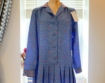 Vintage dress 80s blue Vintage - Day Dress blue spot pattern pleated dress Rare Plus Size eu 42 size 16 blue & red voluptuous vintage dress