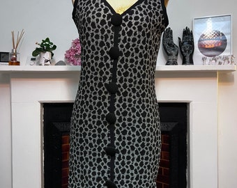 Vintage Kleid 80er Jahre Schwarzes Stretch Kleid, Strickkleid Leopard ärmelloses Kleid, grobe Knöpfe, UK 30-40