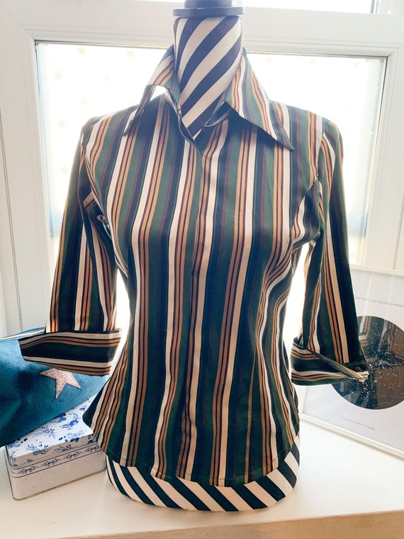 70s Blouse Shirt Vintage 70s Japanese green, brow