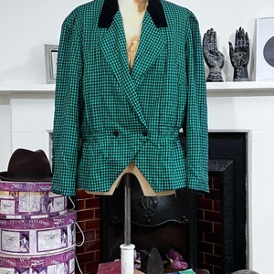 Vintage Green Blazer, checked Peplum Blazer  Green Black Checked Vintage Blazer Jacket, Vintage Jaeger Blazer, Vintage UK18 Velvet Collar