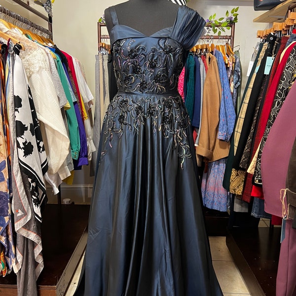 Midnight Blue 1950s maxi sequin Ball Dress - ball gown Prom Dress 50s - Full Skirt Netted underskirt