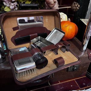 Vintage 1940s Gents Grooming Set: Chromium, Leather Travel Case, Made in England