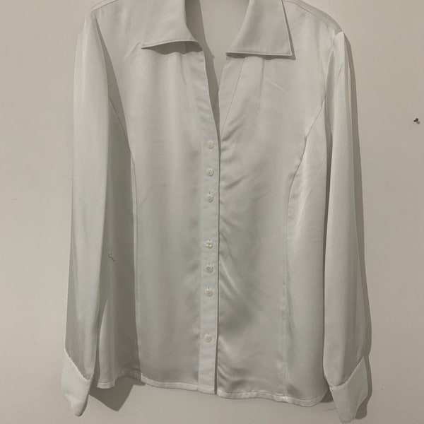 White Vintage Blouse Shiny Button Through Boxy long Sleeves Shirt - Size 14