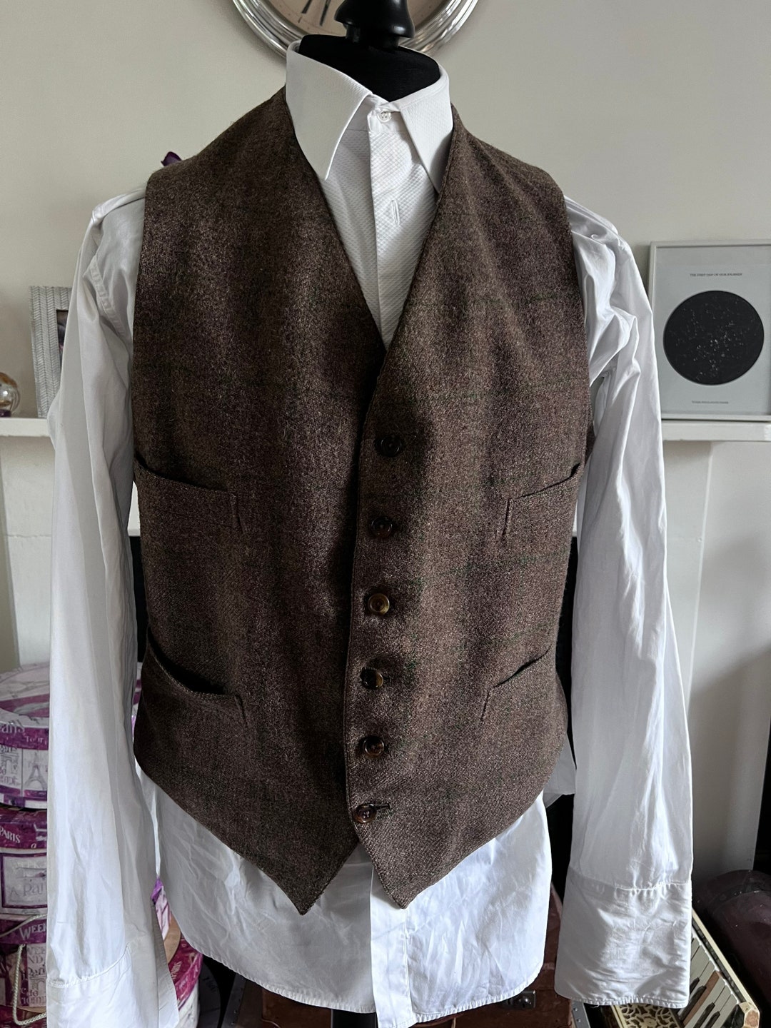 Mens 40s 1950s Vintage Waistcoat Vest Tweed Check Brown Green 6 Button