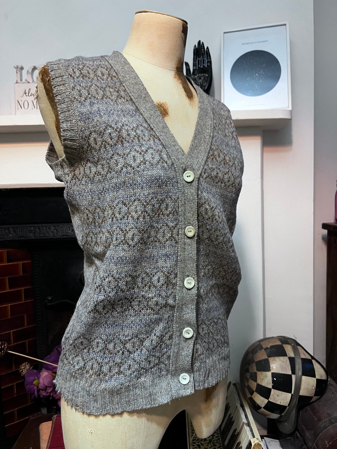 Vintage Grey Fairisle Cardigan Sleeveless Cardigan Cable Knit Cardigan ...