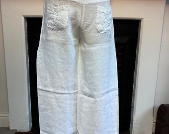 Vintage linen, white Linen Trousers Pocket Front Cropped Trousers - Medium Lightweight white Trousers, vintage clothing, 1990s vintage, vint