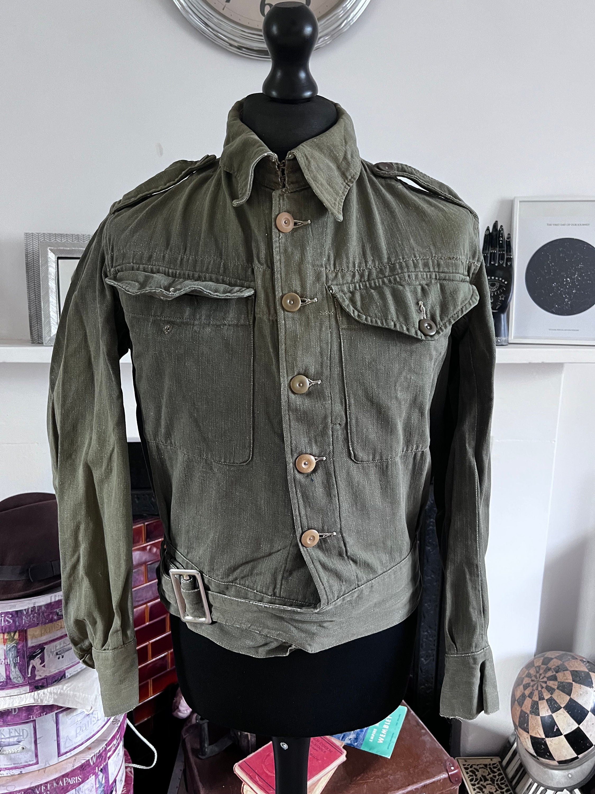 Vintage army jacket, 1952 British Army Royal Marines Military Overalls  Denim Blouse Olive Green Jacket S/M, WW2 Uniform, 50s British army,