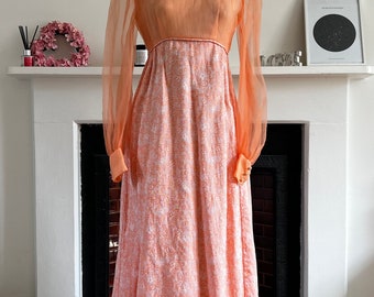 1970s Peach Chiffon Maxi Dress: Floral Brocade Skirt, Bishop Sleeves