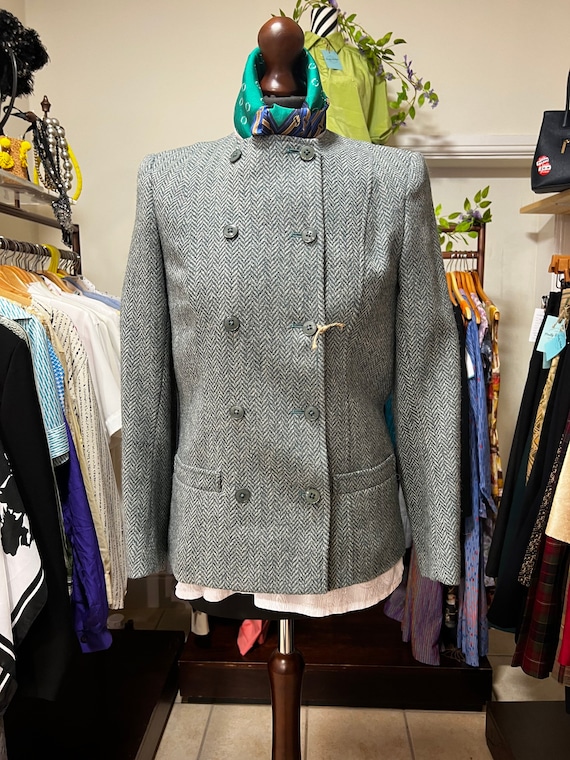 Vintage Green Tweed Blazer Collarless Double Breasted Jacket