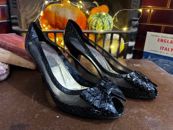 1950s Vintage J Renee Snakeskin Mesh Shoes Black Suede Crochet UK
