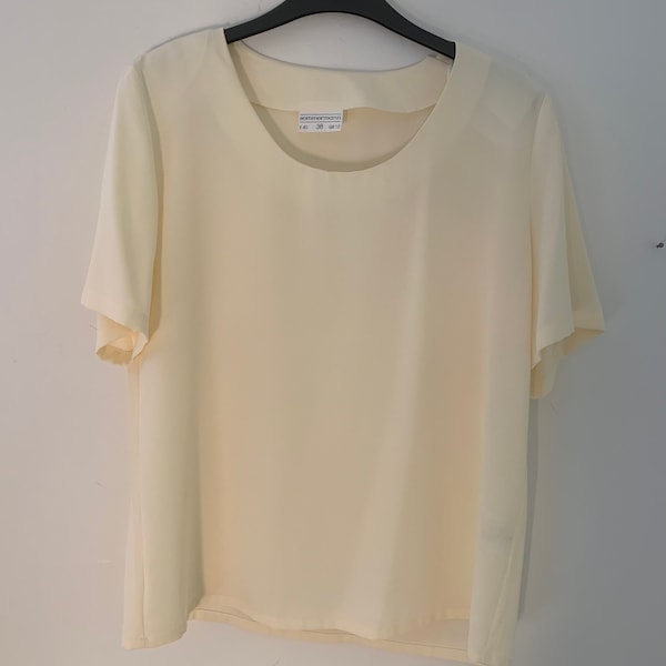 Pale yellow Vintage Blouse Semi Sheer Button Through Boxy short Sleeves - Size 14, vintage shirt, vintage blouse, vintage cream blouse, vint