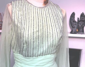 1970s Deadstock Chiffon Maxi Dress: Vintage Lime Green Beaded Gown