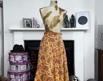 Paisley-wikkelrok jaren 70: handgemaakt vintage mosterdkatoen