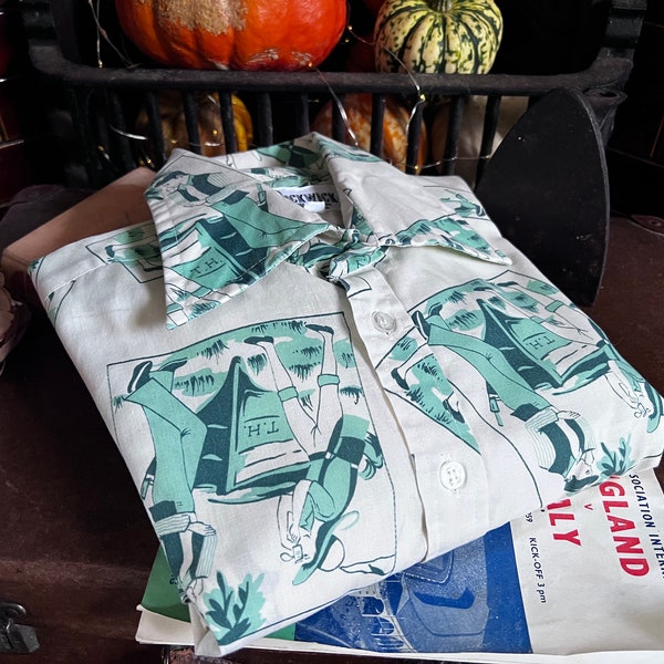 Mens Vintage Shirt 1970’s cream green camping boating, pattern wester shirt, dagger collars,  vintage shirt, vintage menswear, mens shirt 70