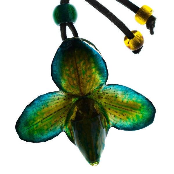 Real Orchid Flower Jewelry • Lafleur jewelry Studio • Paphiopedilum (the Venus Slipper) Pendant (blue)