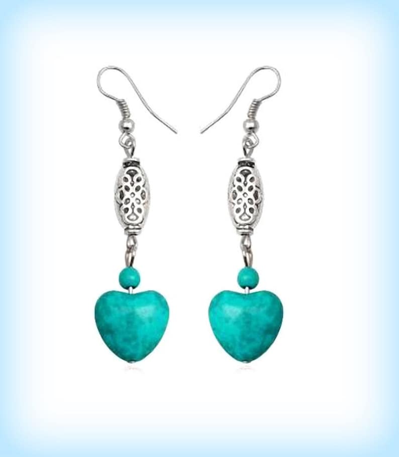 Tibetan silver earrings Turquoise heart earrings Gypsie surfer hippy earrings Long Boho chic bohemian