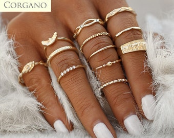 Gold Ring Set - Stacking Ring Set - Midi Ring Set for Women - 12 Ring Set - Gold Colored Alloy