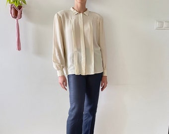 Vintage 90s Ecru Silk Shirt Pleated Front Women Size Medium to LArge