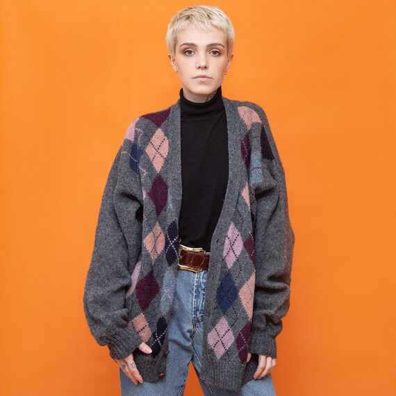 Vintage 90s Wool gray argyle cardigan Norton & Wil