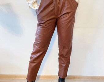 Vintage 80s Leather Brown Trousers with High Waist Women Size Small to Medium