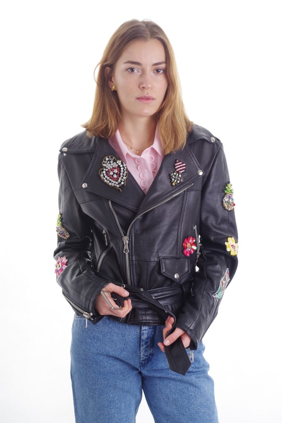 Vintage Genuine Leather Jacket with Colorful Patch