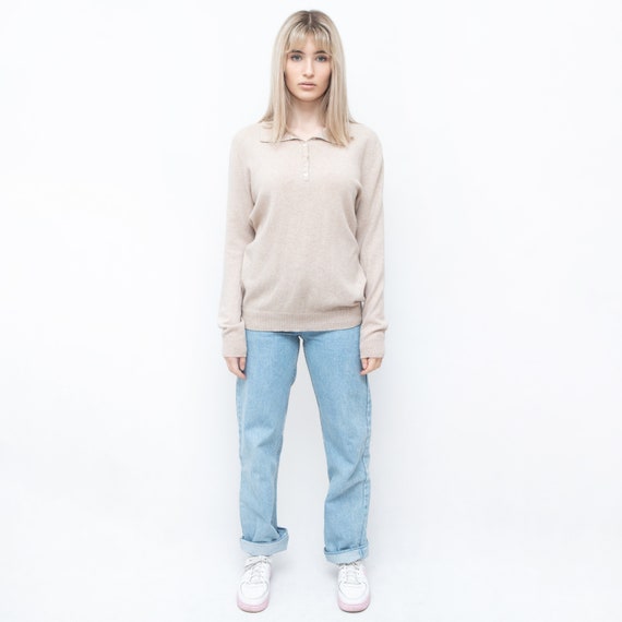 Beige collared cashmere sweater vintage jumper pu