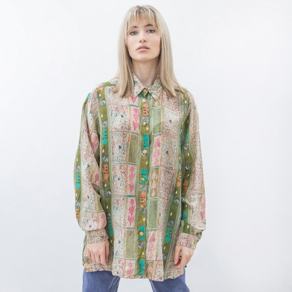 Vintage Retro 80s Silk Long Sleeve Colorful Patter