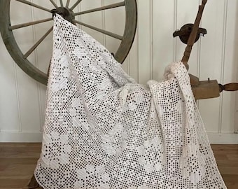 May include: A white, intricately crocheted blanket draped over a wooden spinning wheel and a wooden chair. The blanket features a floral pattern and a delicate, open weave. The background includes a wooden wheel and a white paneled wall.