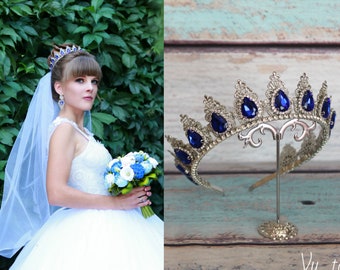 Crown color sapphire Bridal Tiara Silver Tiara Crystal Bridal Crown Wedding blue Tiara Wedding Hair Accessory  Bridal blue crown