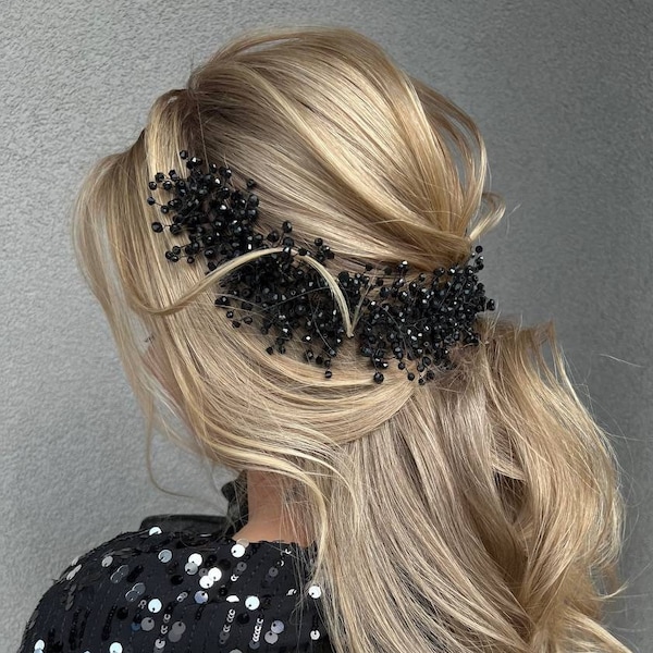 black head piece Black hair jewelry Black hair accessories Black weddind hair vine Black bridal hair piece Black crystal hair vine