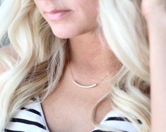 Gold Curved Bead Necklace-Simple Bar Necklace- Tube Bead Necklace-Everyday Necklace-Gift for Her-Mother's Day Gift-Gold Filled-Dainty