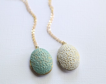Painted Gold Locket-Long Locket Necklace-Turquoise or White Painted-Gold Layered Necklace-Photo Locket Necklace-Minimalist Jewelry