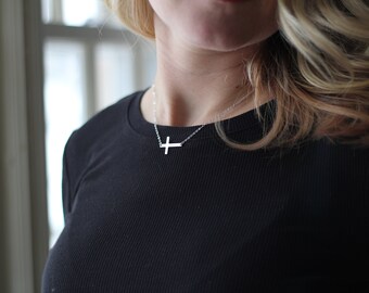 Minimalist Necklace-Silver Sideways Cross Necklace-Simple and Short Necklace-Classy Necklace-Trendy Necklace