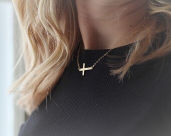 Sideway Cross Necklace-Gold Minimalist Necklace-Simple Necklace-Gold Layering Necklace-Gold Filled Necklace-Trendy Cross Necklace-