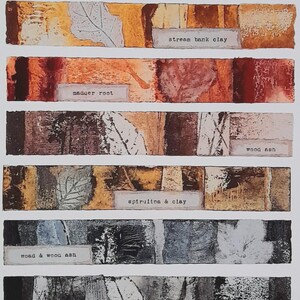 May include: A watercolor artwork titled "PRINTING INKS" featuring six rectangular color swatches. Each swatch displays a unique blend of earthy tones, with labels like "stream bank clay" and "madder root". The artwork showcases natural pigment colors.