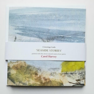 Histoires de bord de mer, lot varié de 4 cartes de voeux à double usage, peintes à l'aquarelle naturelle